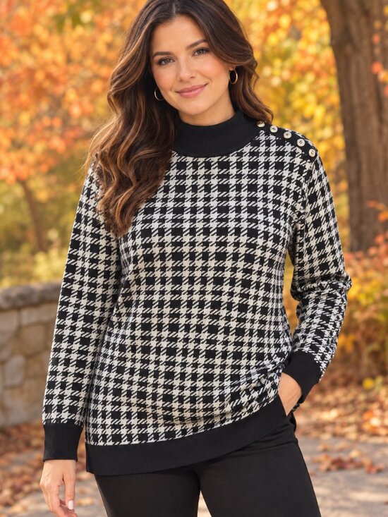 Calvin Klein Sweaters - Calvin Klein CK Houndstooth Sweater Womens Large Black White Mock Neck Button